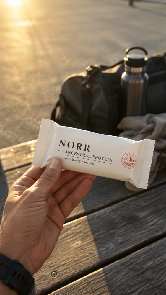 A minimally packaged protein bar with three named ingredients