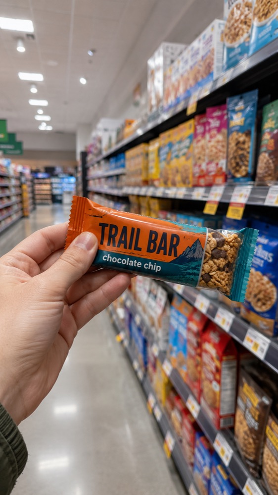 A brightly packaged cereal bar on a supermarket shelf