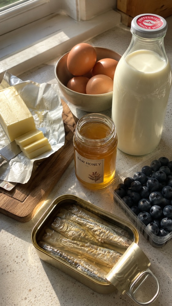 Eggs, butter, milk, honey, sardines and blueberries on a sunlit counter