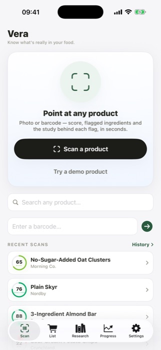 Optimally home screen: scan a product, search, and recent scans with scores